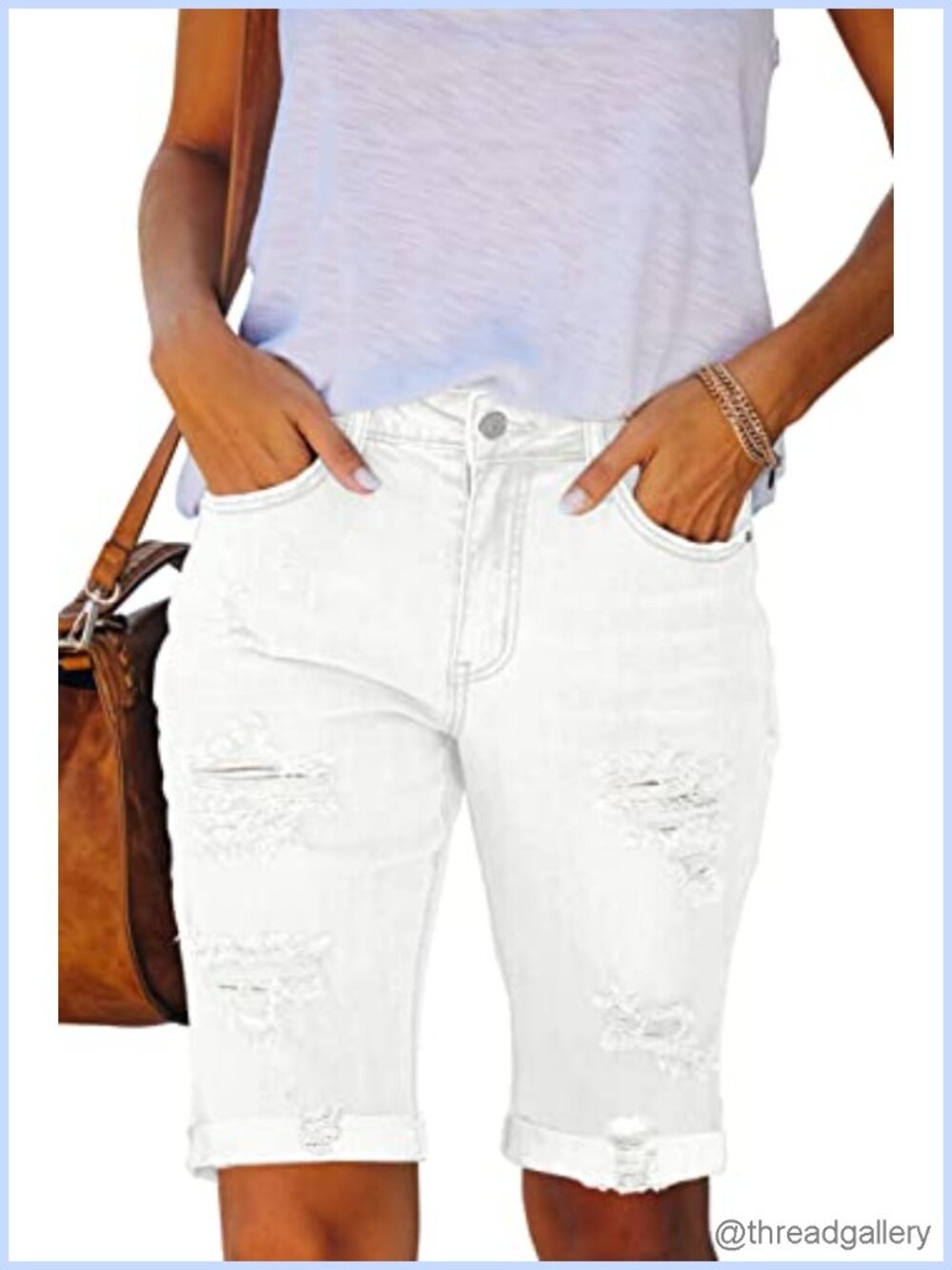 Stretchy Ripped Bermuda Denim Shorts Women Mid Rise Folded Hem